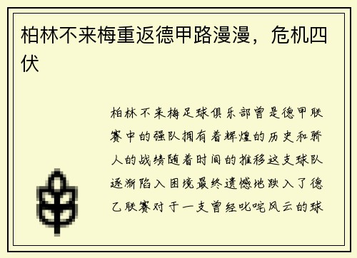 柏林不来梅重返德甲路漫漫，危机四伏